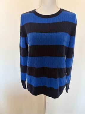 EUC Talbots Blue Cable Knit Crew Neck Button Shoulder Sweater Size L